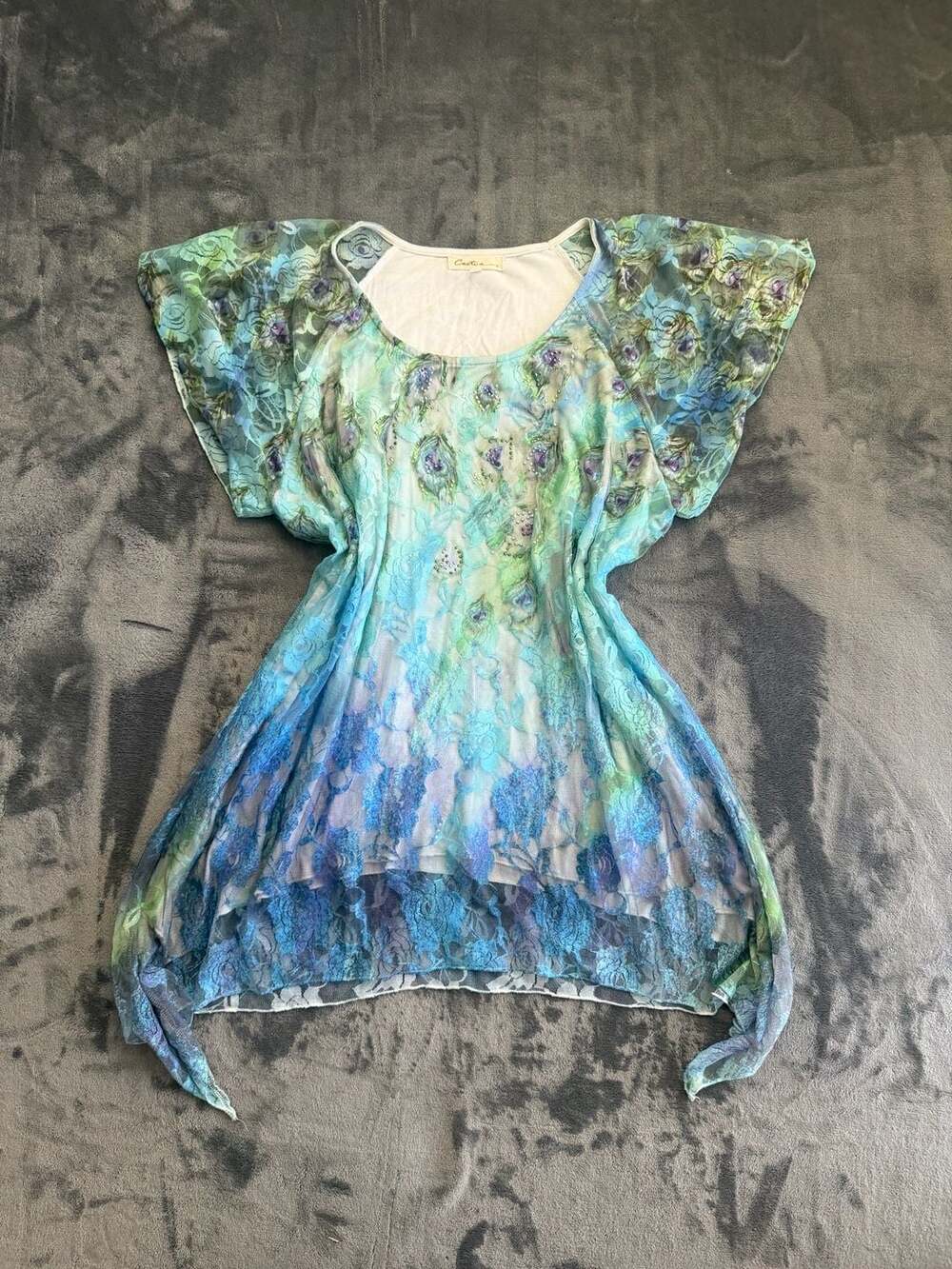 Cactus Blue Green Ombre Lace Beaded Flutter Sleeve Tunic Top Size XL